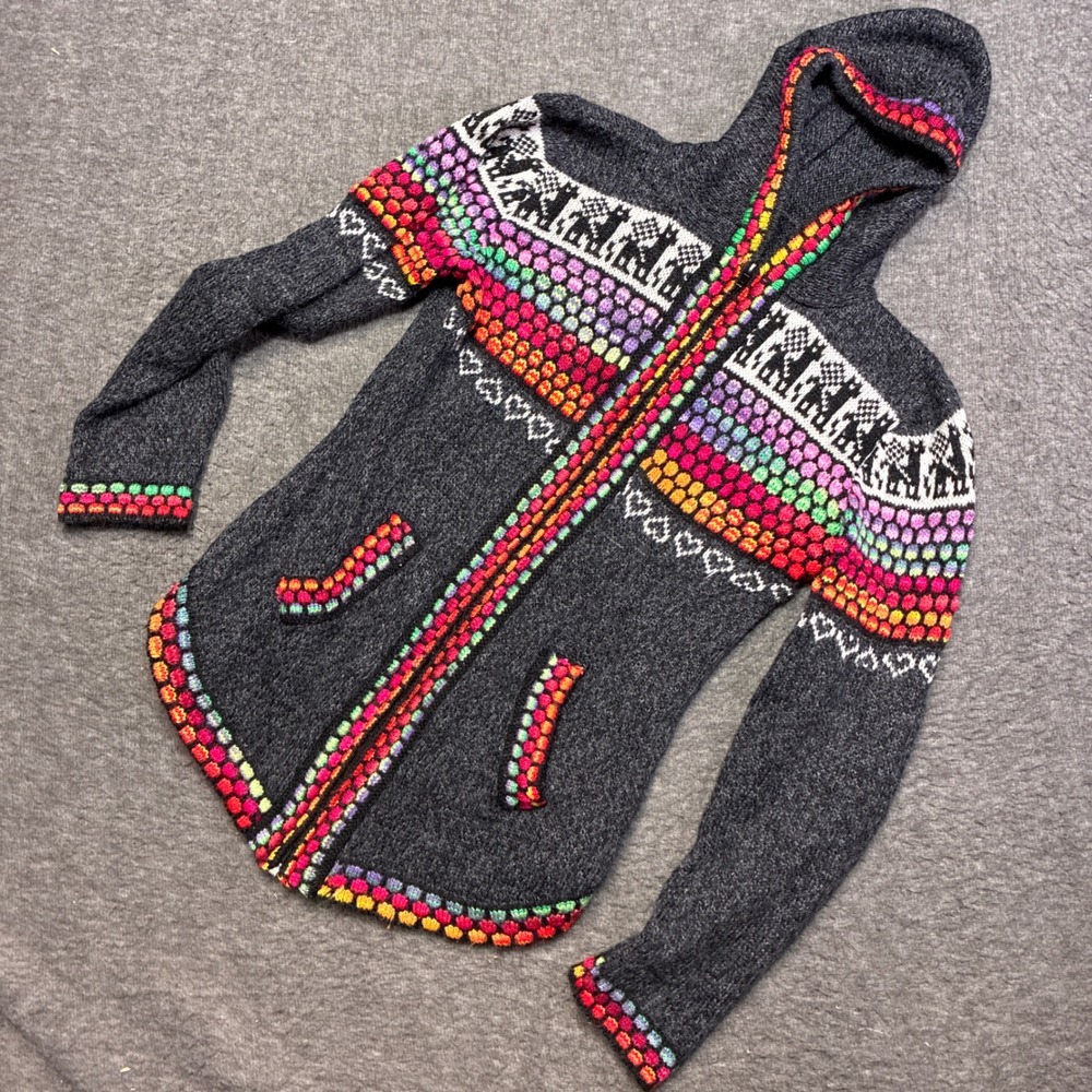 Handmade Zip Up Hoodie Women Medium Gray Multicolor Llama Heart Knit Cottagecore